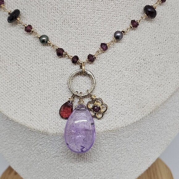 Alexis Bittar 925 Silver Vermeil Amethyst Garnet & Gray Pearl Stones Necklace - Picture 3 of 12